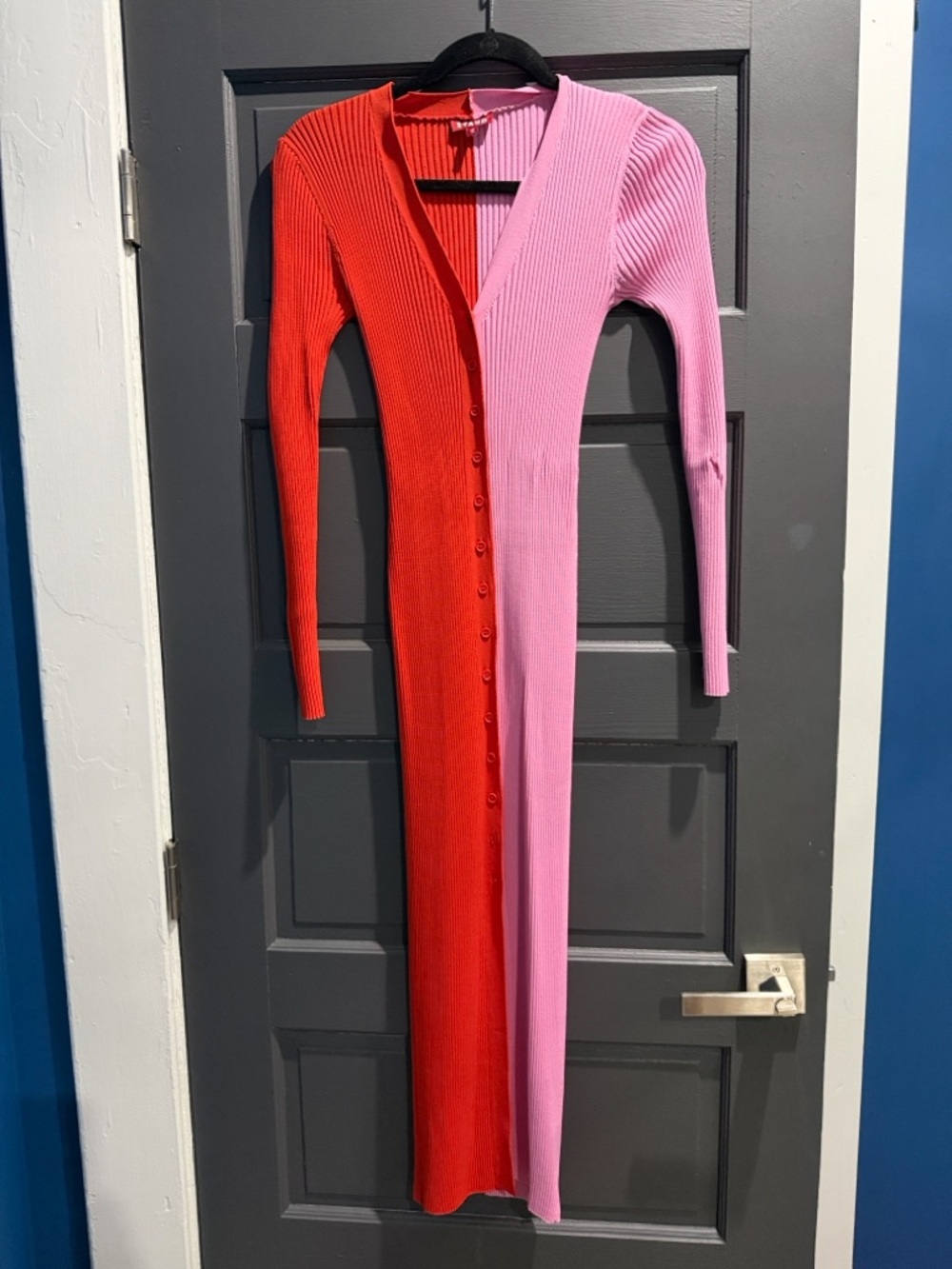 STAUD Shoko Colorblock Red and Pink Ribbed Button-Front Maxi Dress